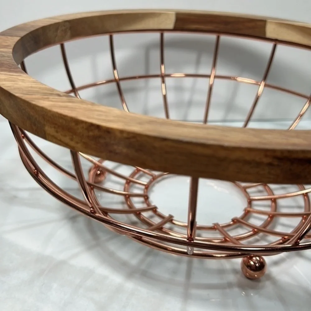 Acacia Wood and Wire‎ Fruit Basket with Copper Finish